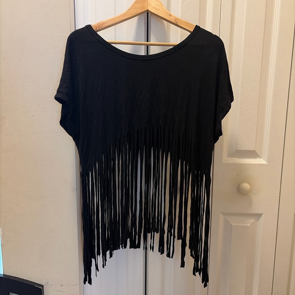 Cute Boho style Black Fringe Hem T-shirt, size S/M